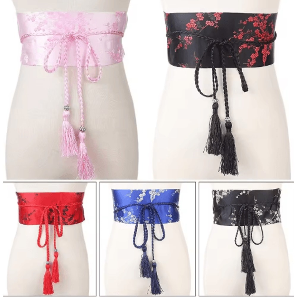 Vintage Floral Kimono Waist Belt With Satin Bow Design 0