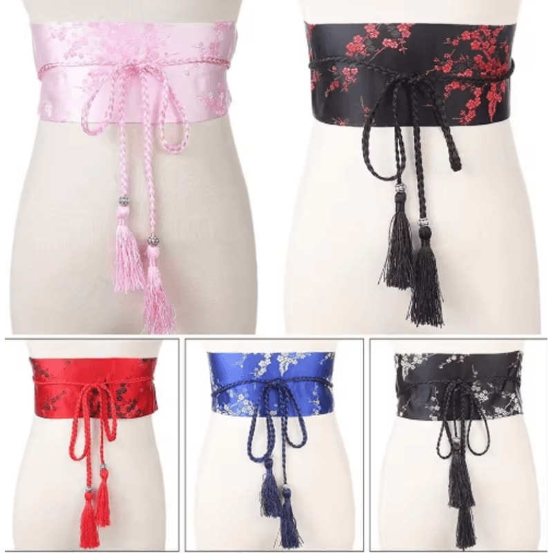 Vintage Floral Kimono Waist Belt With Satin Bow Design 0