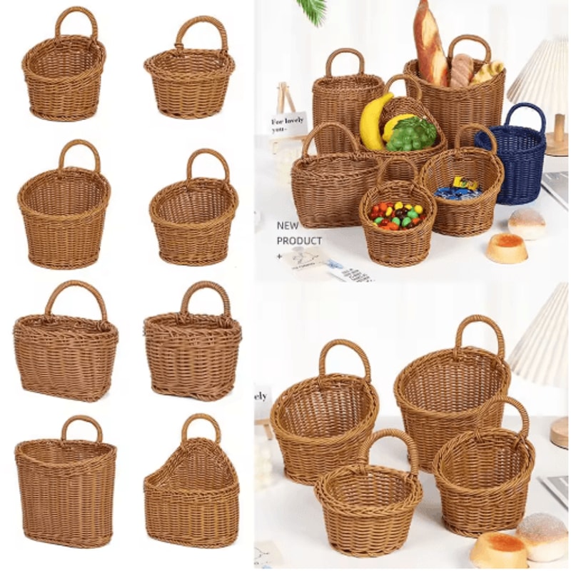 Handwoven Rattan Style Hanging Storage Basket With Handle 12