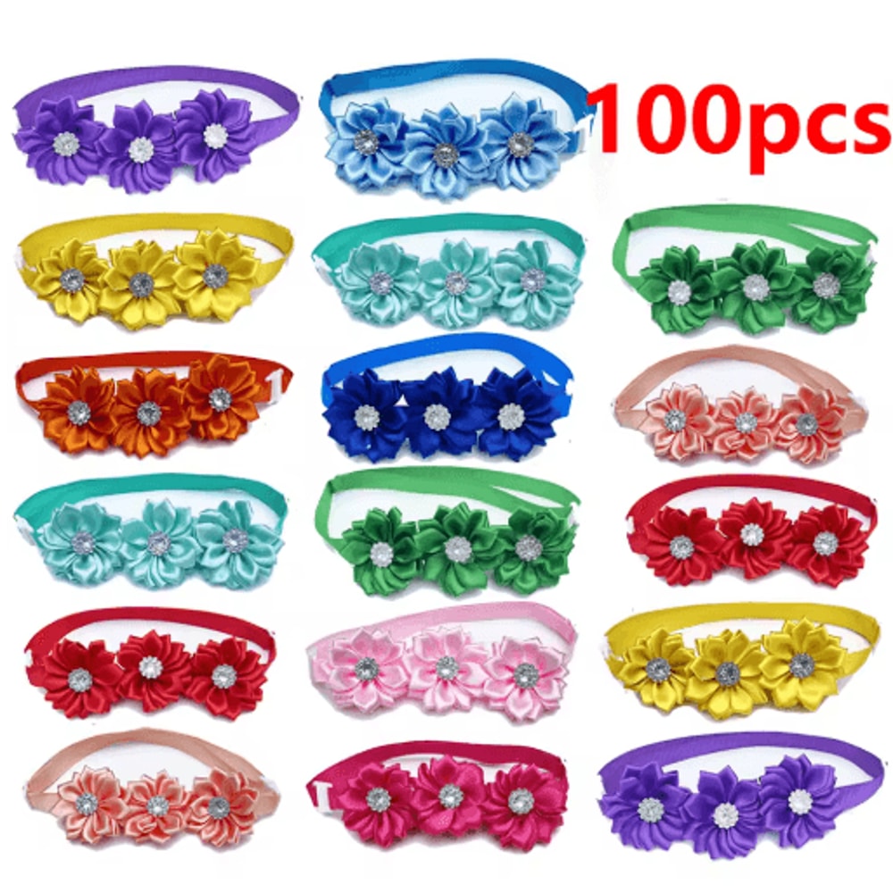 50100PCS Dog Bow Tie Flower Collar Set With Diamond Accessories For Dogs Cats 1