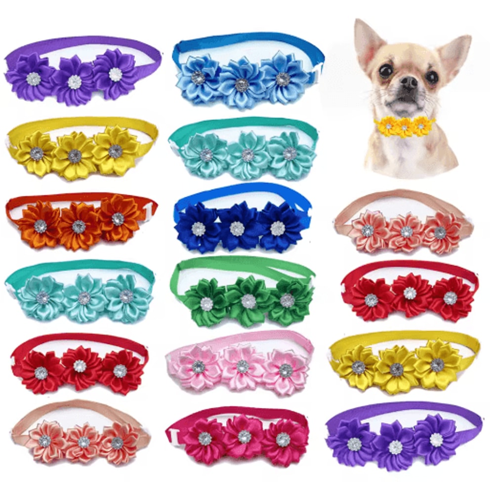 50100PCS Dog Bow Tie Flower Collar Set With Diamond Accessories For Dogs Cats 0