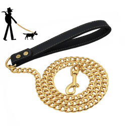 gold stainless steel dog leash chain heavy duty metal pet lead for small medium & large dogs