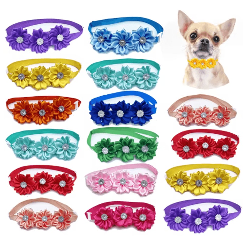 Cute Flower Pet Bow Ties With Diamond Accents Colorful Grooming Accessories For Dogs Cats 50100PC 1