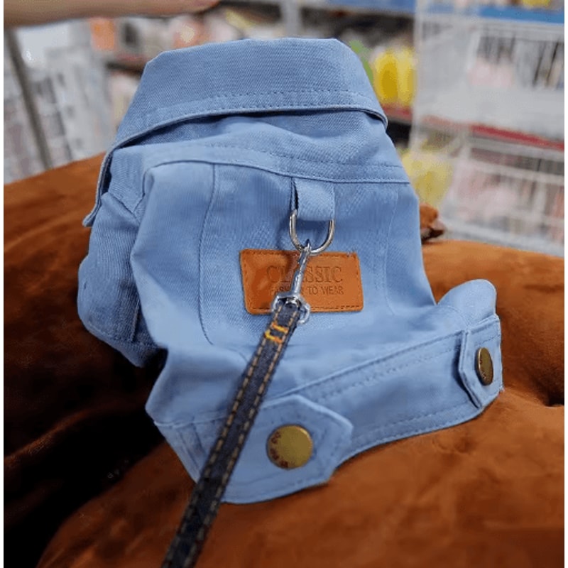 Denim Dog Jacket Harness Outfit With D Ring Leash Hook For Small Medium Dogs 6