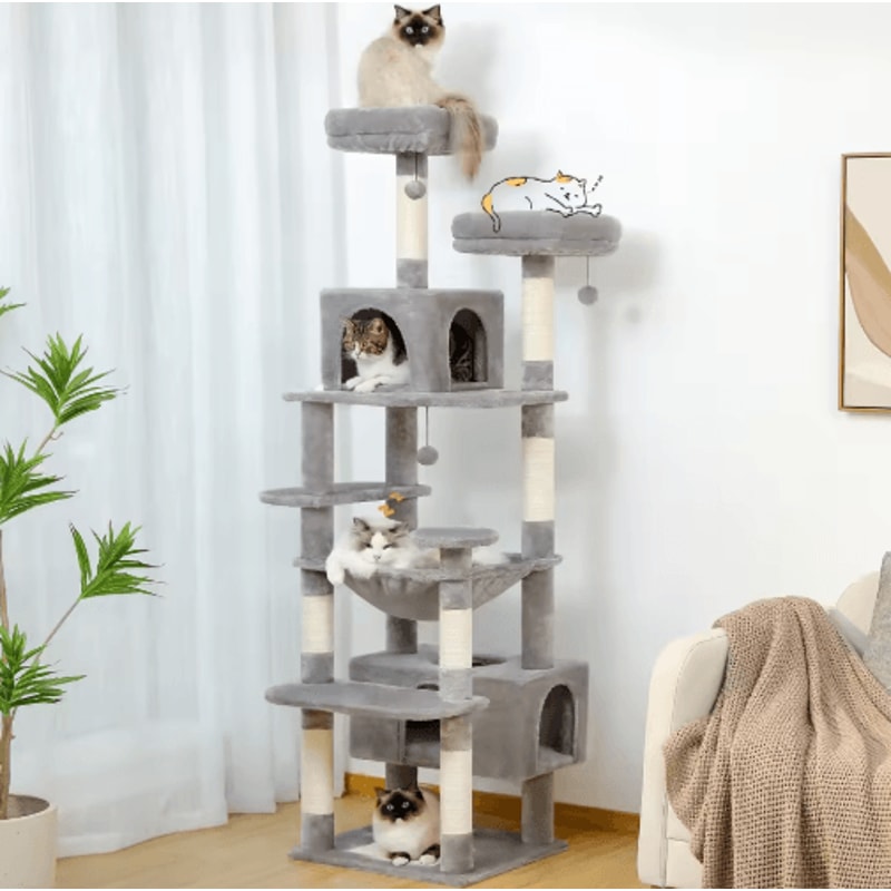 Large Cat Tree Tower MultiLevel Indoor Cat Condo With Hammock Scratching Posts Toys 0