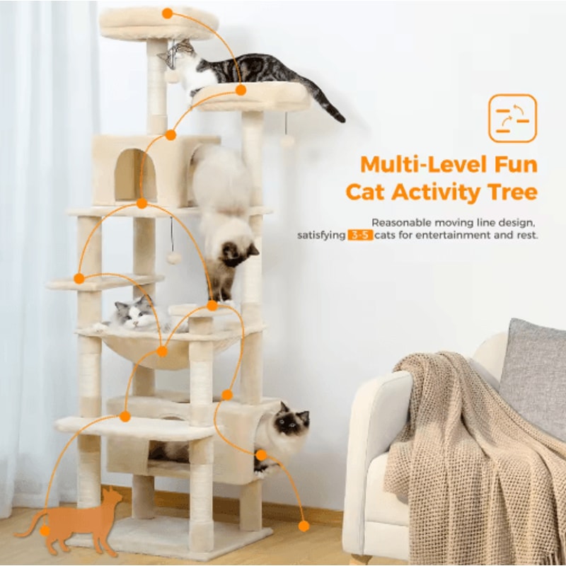 Large Cat Tree Tower MultiLevel Indoor Cat Condo With Hammock Scratching Posts Toys 9