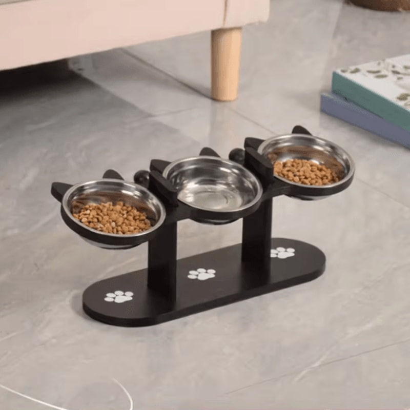 15 Elevated Cat Bowl Set Stainless Steel Feeding Bowls With Black Wooden Stand 3