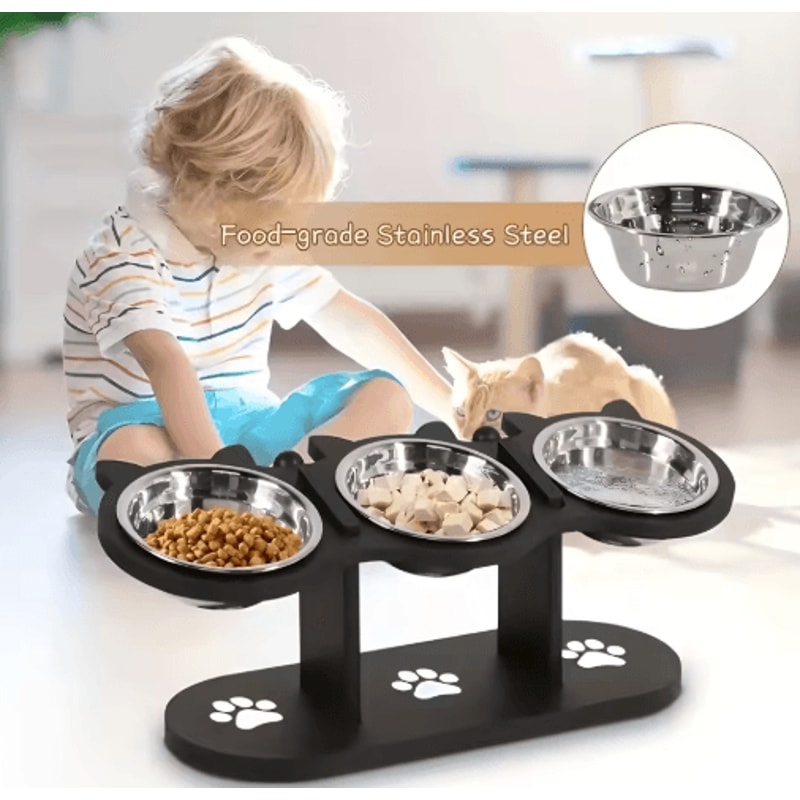 15 Elevated Cat Bowl Set Stainless Steel Feeding Bowls With Black Wooden Stand 4