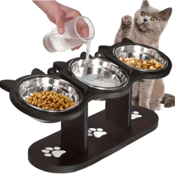 15° elevated cat bowl set – stainless steel feeding bowls with black wooden stand