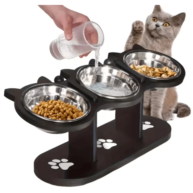 15 Elevated Cat Bowl Set Stainless Steel Feeding Bowls With Black Wooden Stand 0