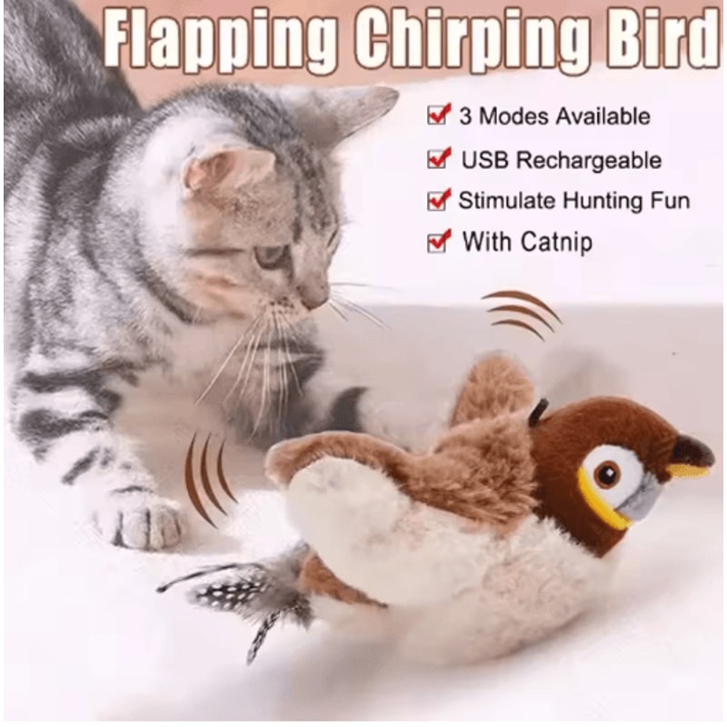 Interactive Bird Sound Plush Cat Toy With Elastic Rope 0