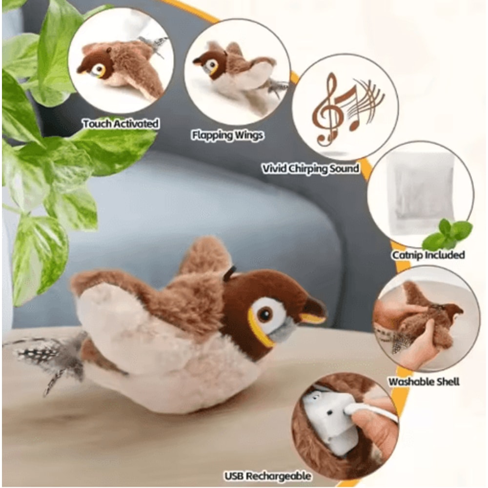 Interactive Bird Sound Plush Cat Toy With Elastic Rope 8