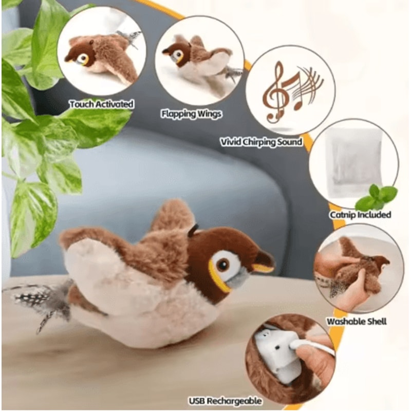 Interactive Bird Sound Plush Cat Toy With Elastic Rope 8