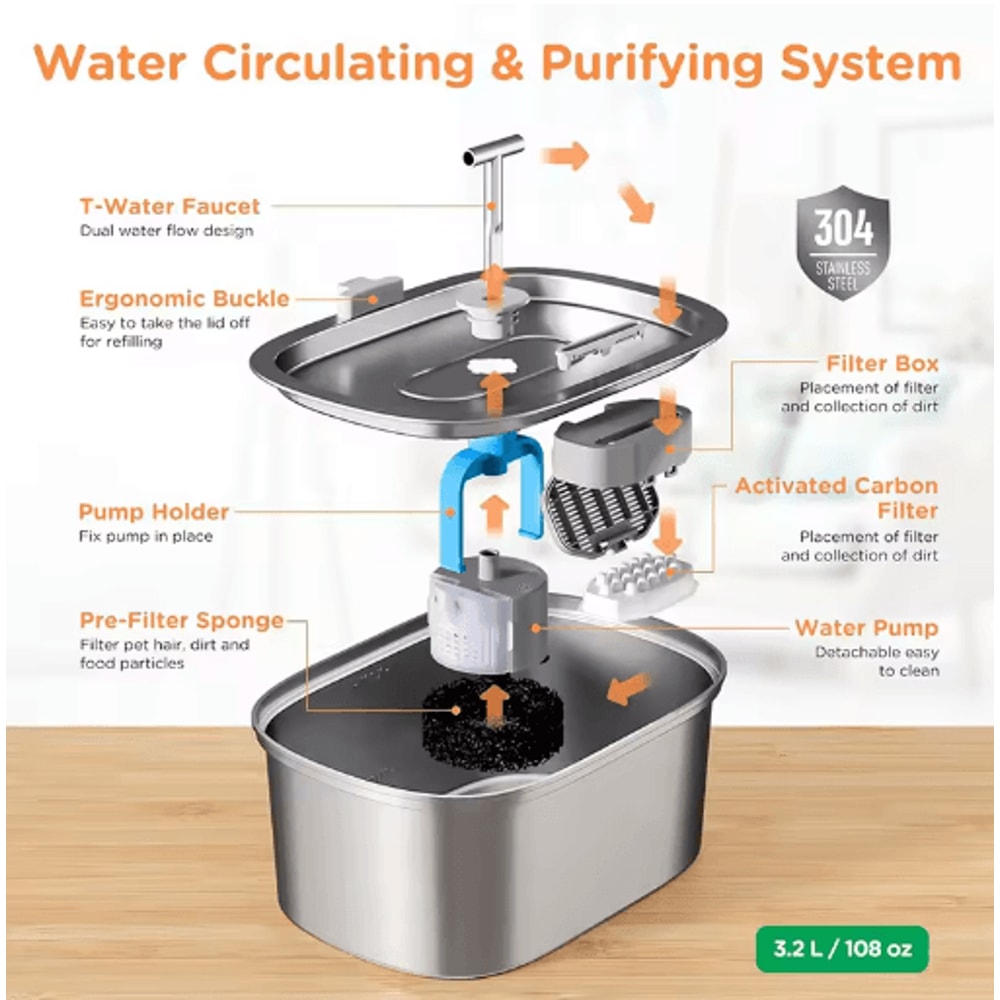 Stainless Steel Ultra Quiet Pet Water Fountain With Filter 7