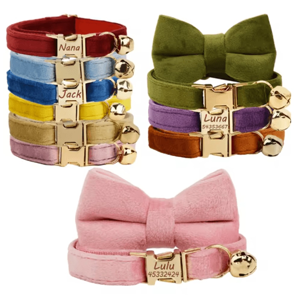 Personalized Velvet Cat Collar With Engraved Name Bow Bell 0