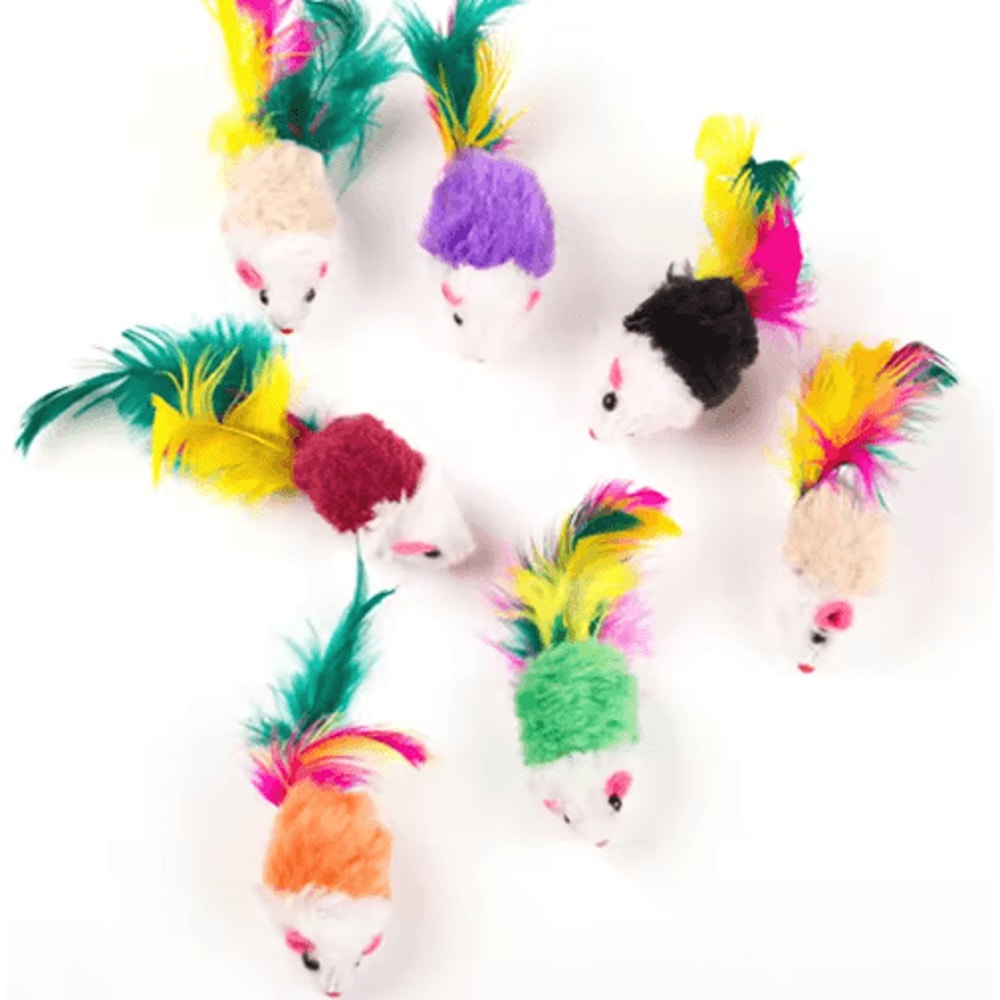 Cute Soft Wool Mouse Cat Toy With Colorful Feathers 1