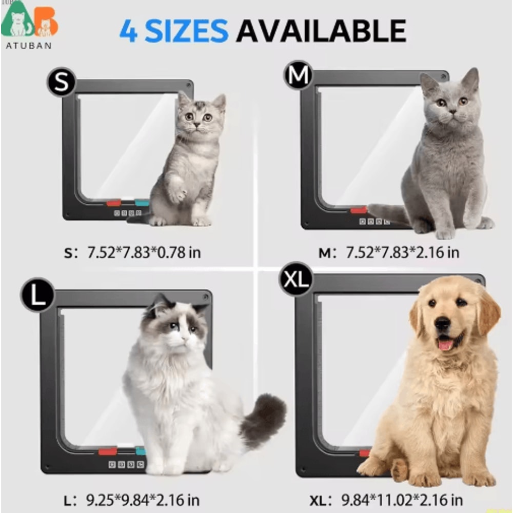 ATUBAN 4Way Locking Cat Door Flap Weatherproof Pet Door For Interior Exterior Doors 7