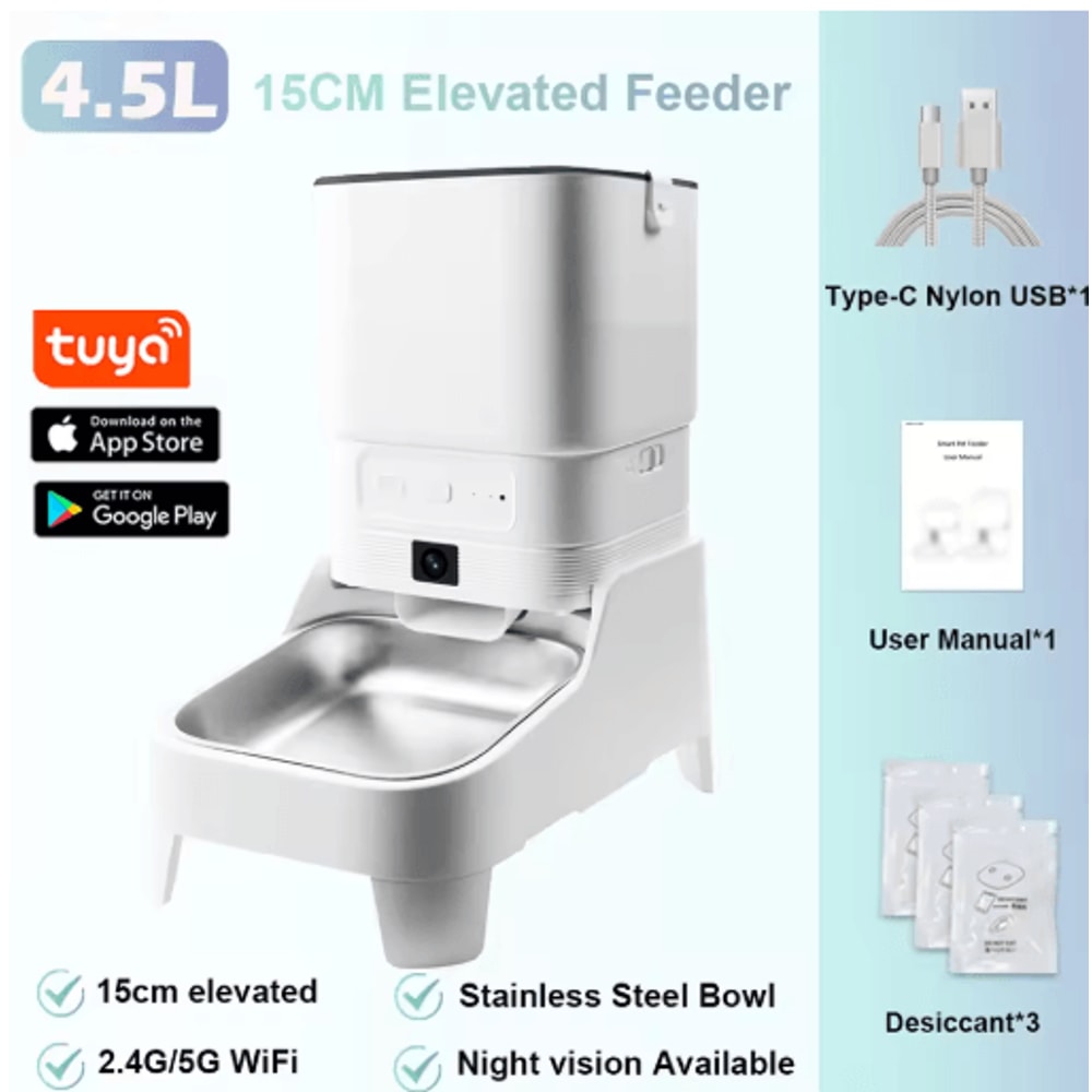 Smart Automatic Pet Feeder With 1080P HD Camera Elevated WiFi Cat Dog Food Dispenser 1