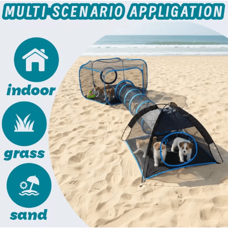 3in1 Portable Pet Playpen With Tunnel Mesh Playhouse Fence For Cats Small Animals 4