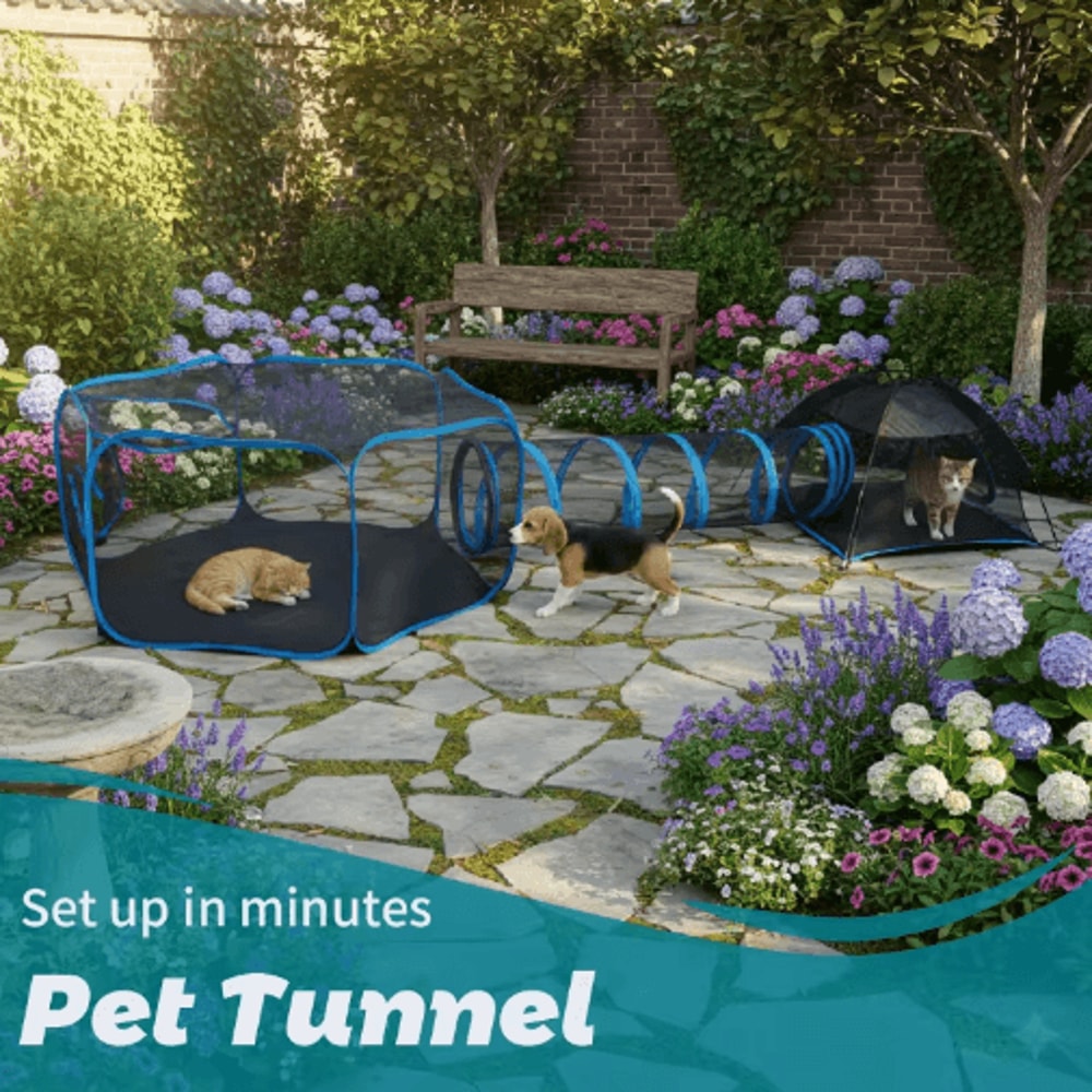 3in1 Portable Pet Playpen With Tunnel Mesh Playhouse Fence For Cats Small Animals 0