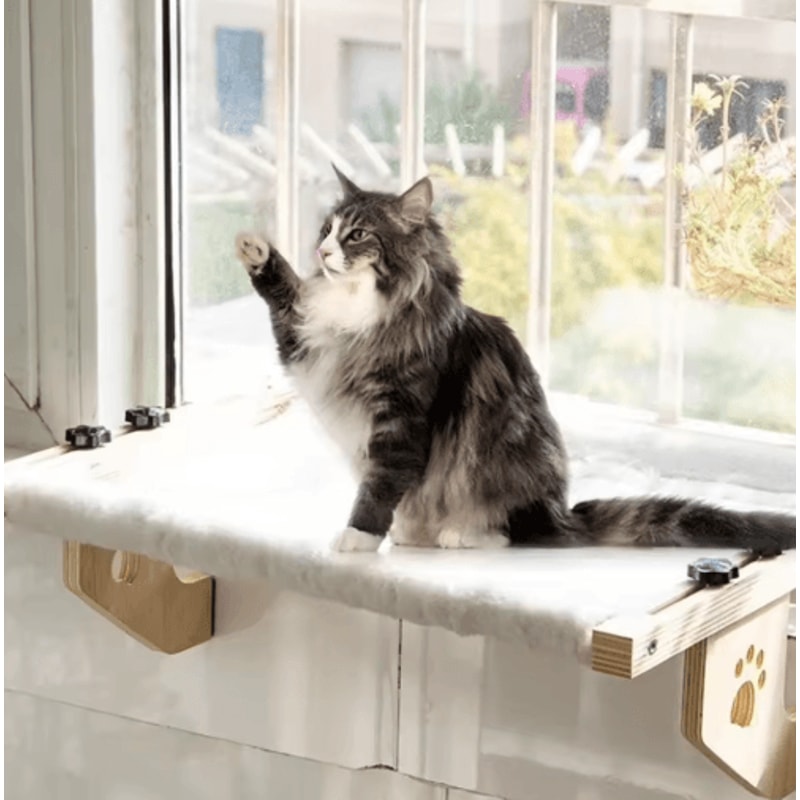 Wooden Frame Cat Window Hammock Detachable Paw Print Hanging Cat Bed 0