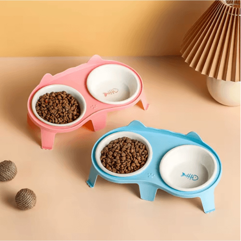 Elevated Ceramic Double Cat Bowl Slanted Food Water Feeding Set For Cats 0