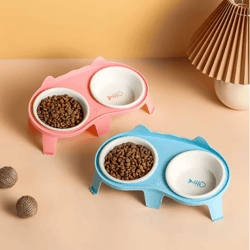 elevated ceramic double cat bowl slanted food & water feeding set for cats