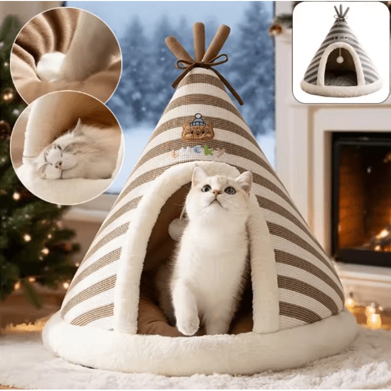SelfWarming Plush Cat Tent Bed Cozy Winter House For Indoor Cats Small Dogs 2