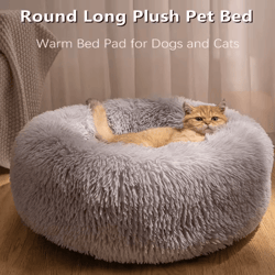 soft long plush donut pet bed – warm faux fur sleeping nest for cats & small dogs