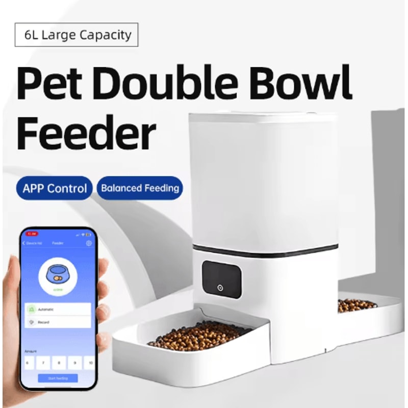 6L WiFi Automatic Pet Feeder Dual Bowl Smart Food Dispenser For Cats Dogs 0