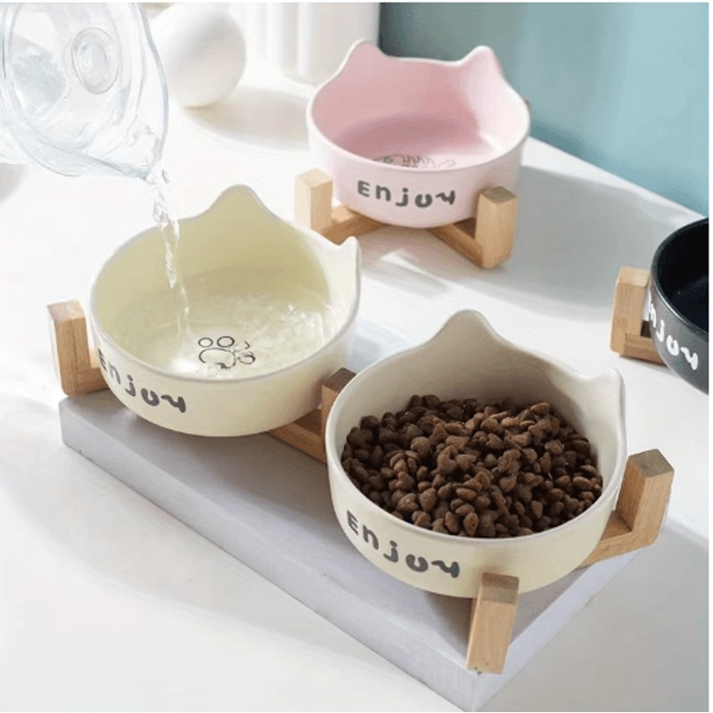 3PCS Ceramic Double Pet Bowl Set NonSlip Elevated Food Water Bowls For Cats Dogs 6