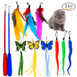 11-pack interactive cat wand toy set feather & bell teaser toys for cats and kittens