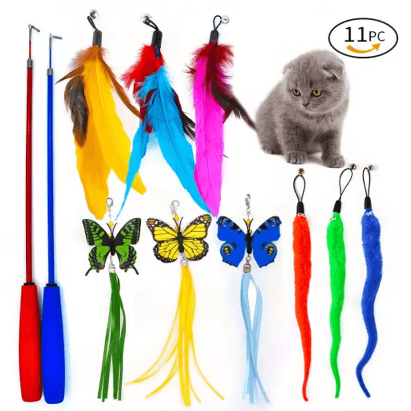 11Pack Interactive Cat Wand Toy Set Feather Bell Teaser Toys For Cats And Kittens 0