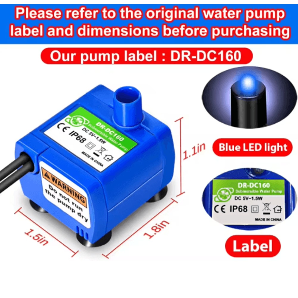 USB Cat Water Fountain Pump Replacement With LED Light For Pet Drinking Fountain 4