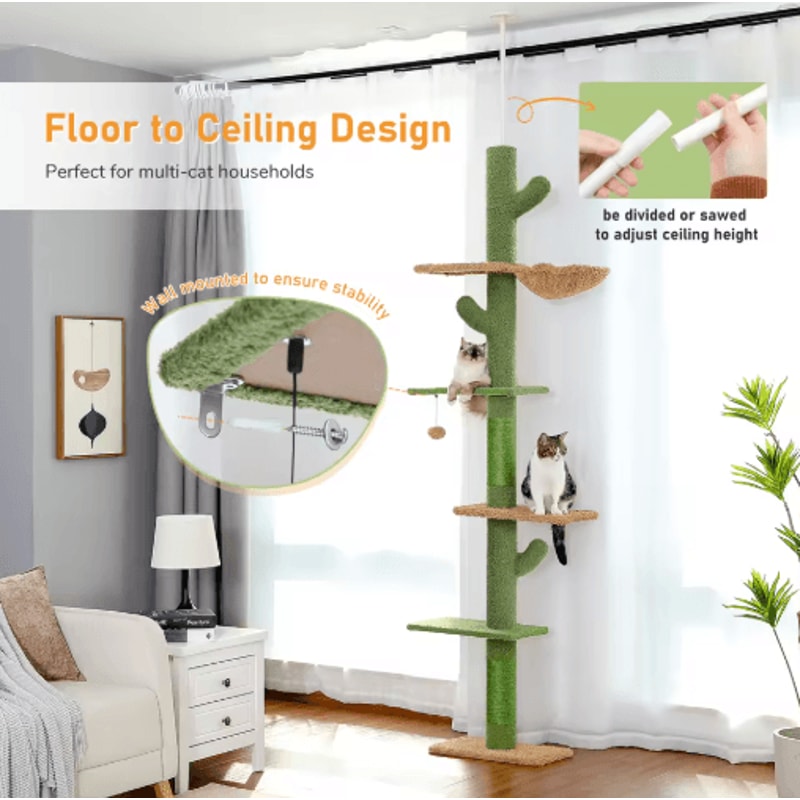 Adjustable Height Cat Tree Floor To Ceiling Cat Tower With Condo Hammock 4