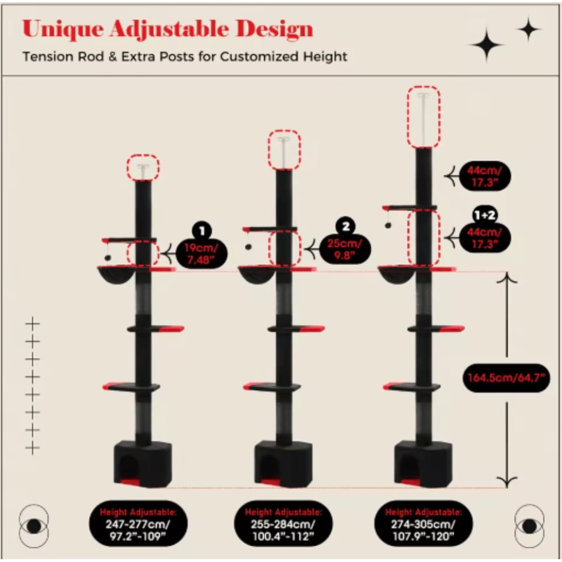 Adjustable Height Cat Tree Floor To Ceiling Cat Tower With Condo Hammock 5