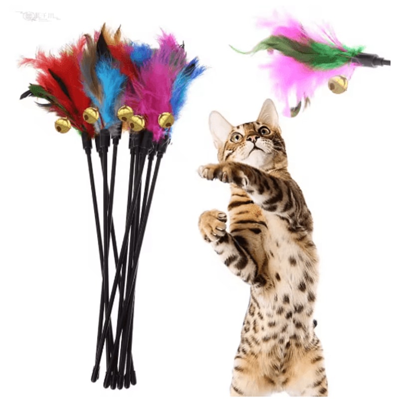 5PCS Interactive Cat Wand Toy Set With Colorful Feather Bell Teasers 3