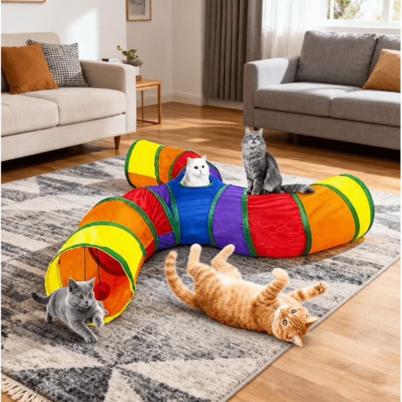 Rainbow Cat Tunnel Collapsible Interactive Play Tube For Cats Puppies 28