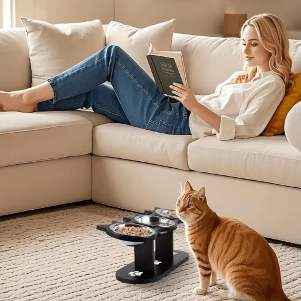 Elevated Cat Feeder With Solid Wood Frame Stainless Steel Bowls 2