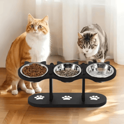 elevated cat feeder with solid wood frame & stainless steel bowls