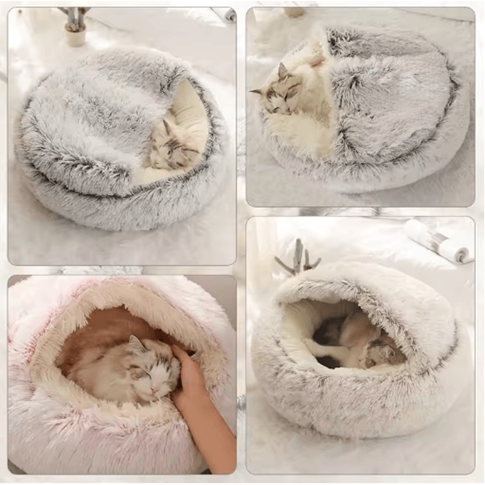 Soft Plush Covered Cat Bed Warm Round Sleeping Cave For Cats Small Dogs 7