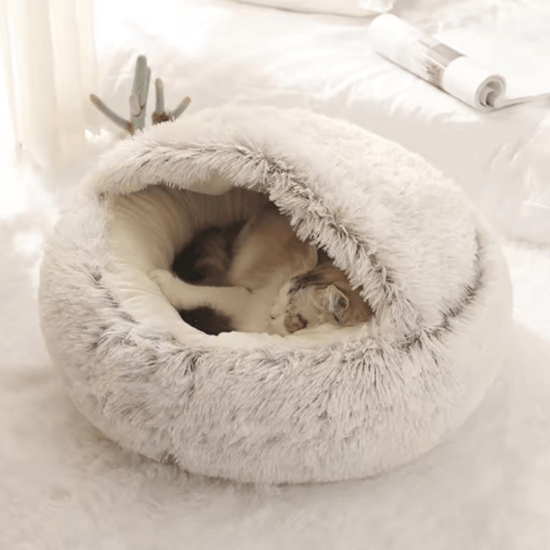 Soft Plush Covered Cat Bed Warm Round Sleeping Cave For Cats Small Dogs 0