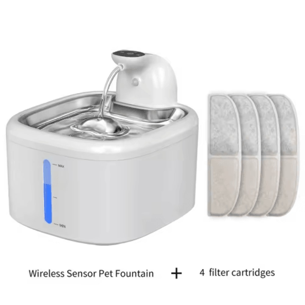 AquaSense Wireless Cat Water Fountain With Motion Sensor Stainless Steel Tray 1