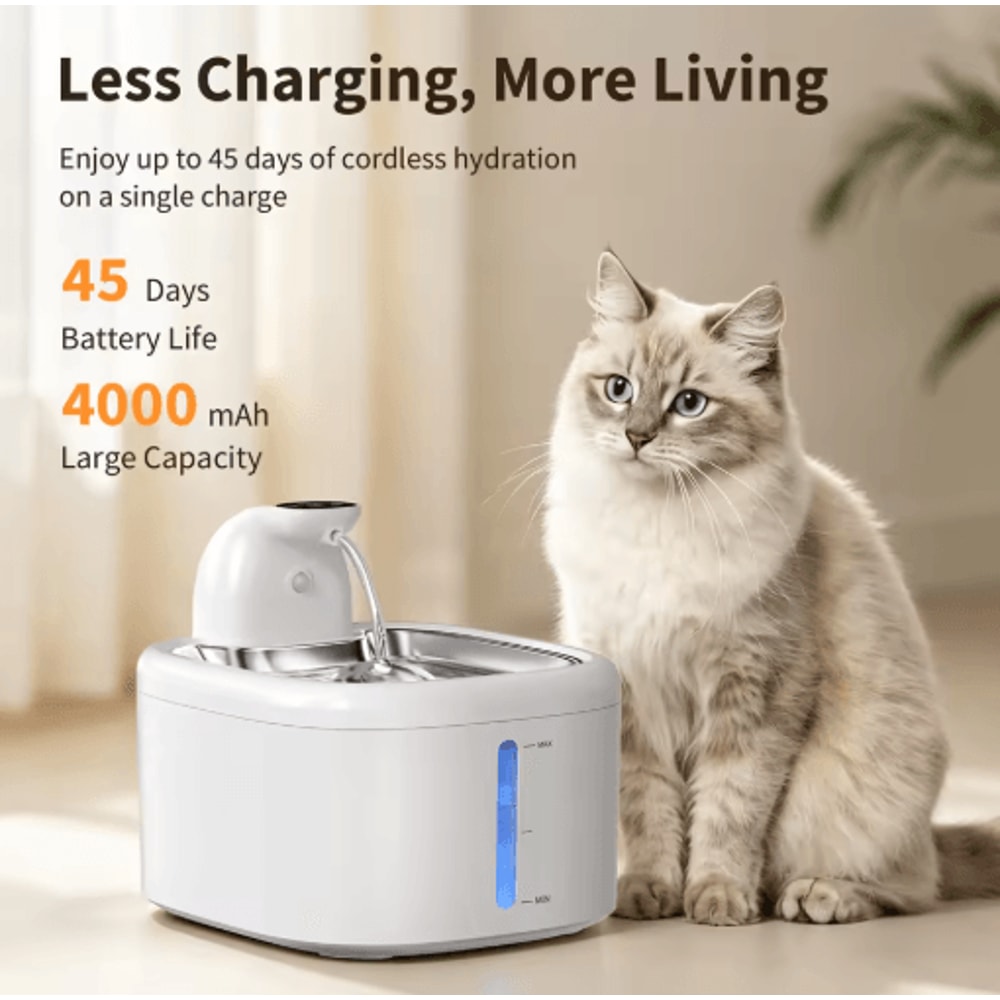 AquaSense Wireless Cat Water Fountain With Motion Sensor Stainless Steel Tray 6