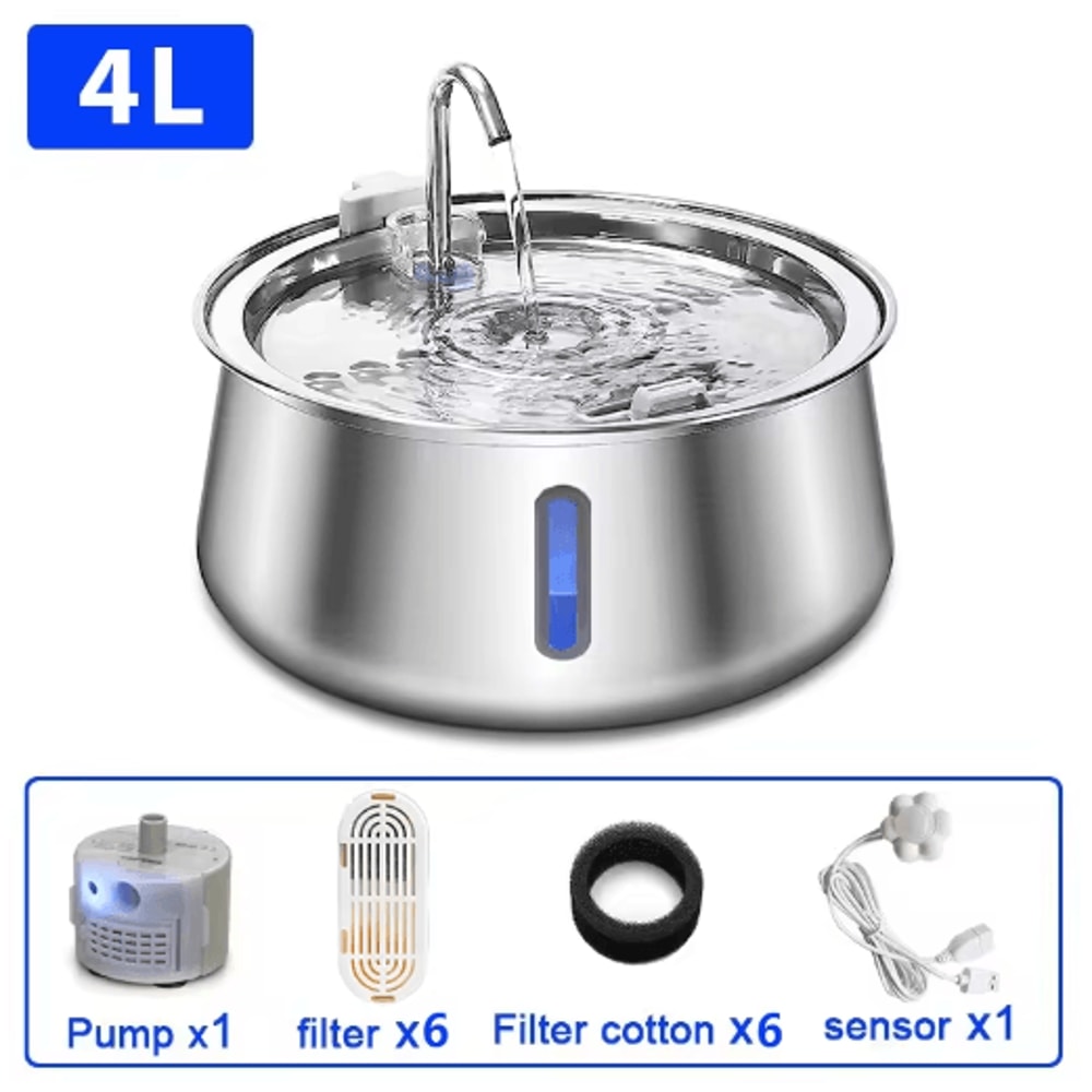 4L Stainless Steel Automatic Pet Water Fountain Ultra Quiet Filtered Water Dispenser 1