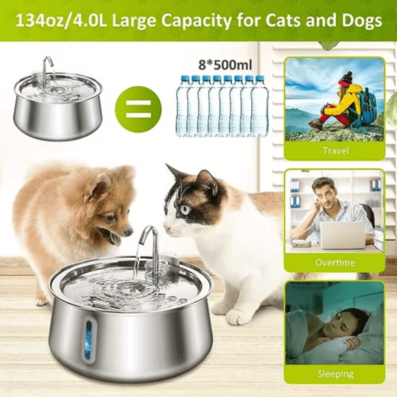 4L Stainless Steel Automatic Pet Water Fountain Ultra Quiet Filtered Water Dispenser 6