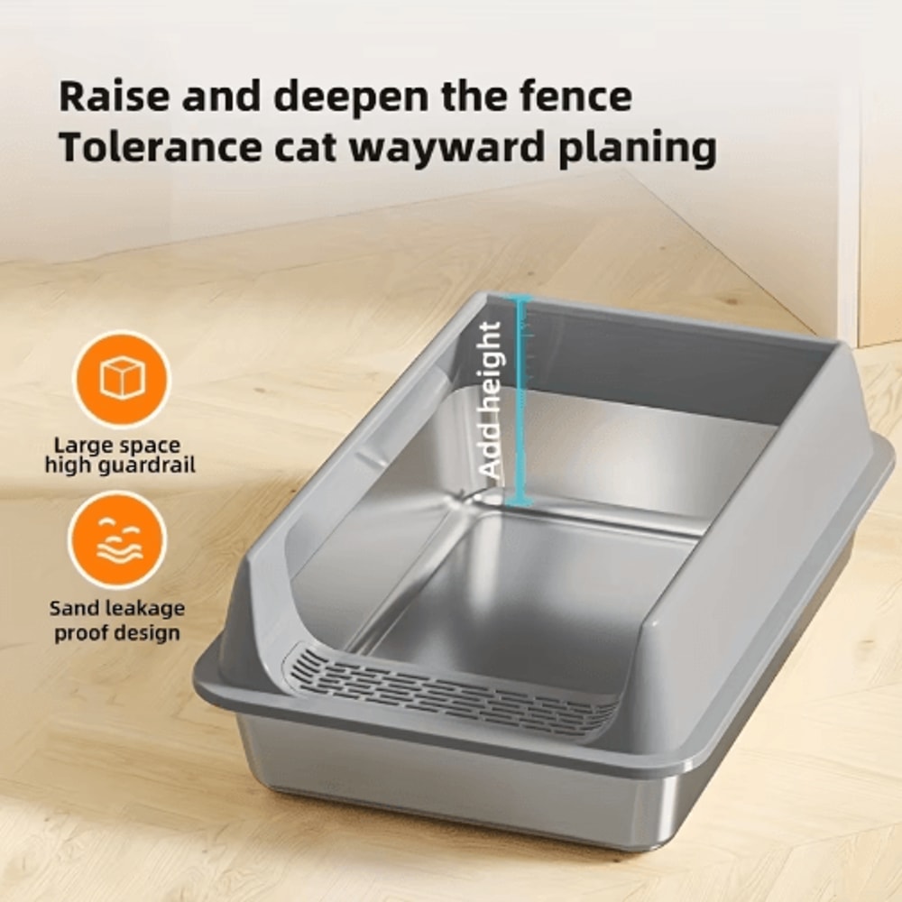 Stainless Steel SemiEnclosed Cat Litter Box LeakProof Large Cat Toilet With Lid 16