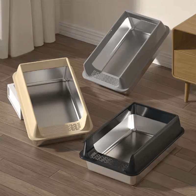 Stainless Steel SemiEnclosed Cat Litter Box LeakProof Large Cat Toilet With Lid 0