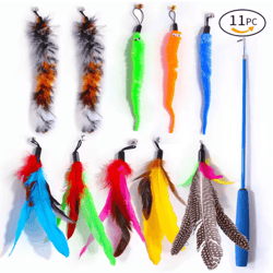 retractable cat wand toy set – feather teaser with caterpillar replacement heads