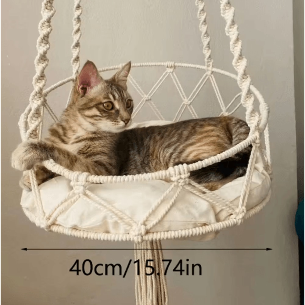 HandWoven Boho Hanging Cat Hammock Cozy Elevated Bed For Kittens Cats 4